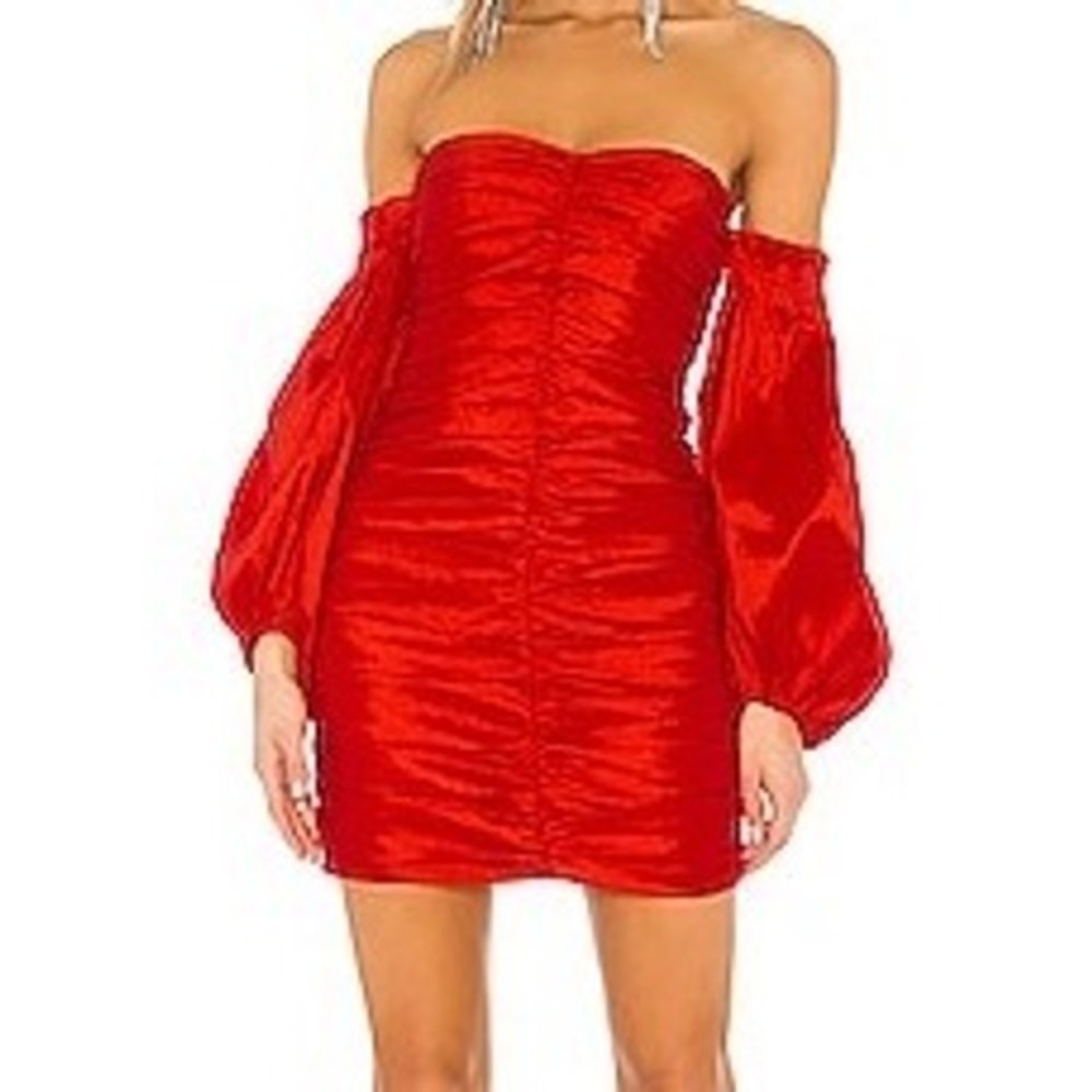 Bardot Marissa Mini Dress Red Ruched Taffeta Off Shoulder Balloon Sleeve XS NEW